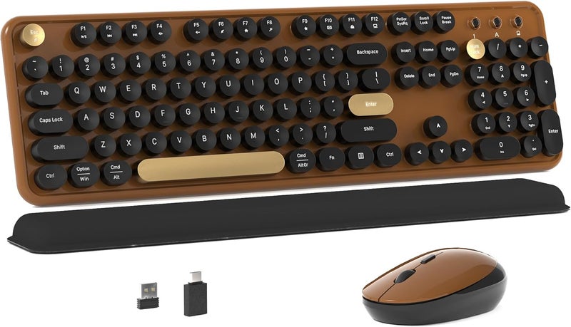 MPTOG Colorful Wireless Computer Keyboard and Mouse Combo with Round Typewriter Keycaps, Retro Design, Power Switch, Ergonomic Design, 2.4GHz Wireless for Windows, Mac, PC(Black-Brown) - Image 1
